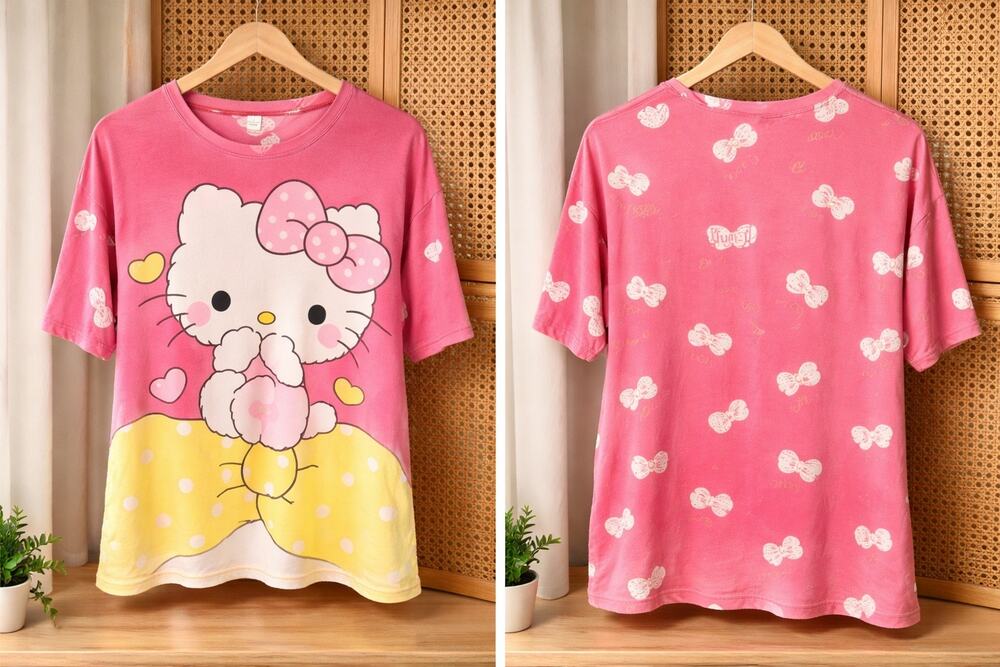 Hello Kitty Graphic Tee Pink Yellow Oversized Soft Stretch Cute Streetwear Top